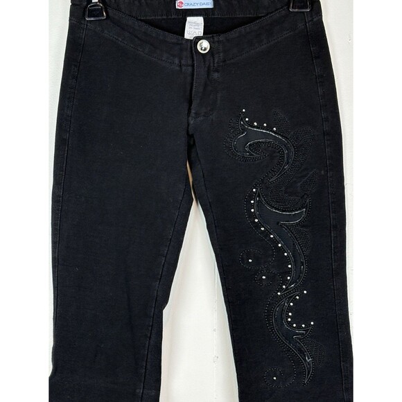 Y2K Ultra Low Rise Black Embroidered Flare Jeans, Small - Picture 2 of 11